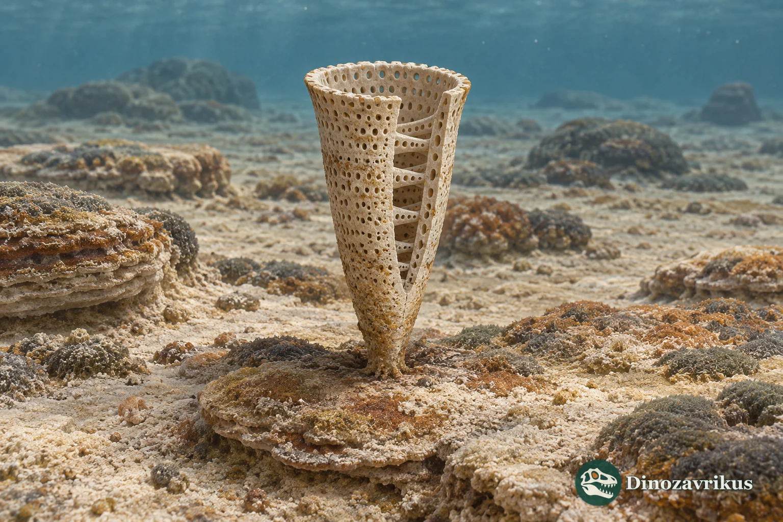 Porous calcareous cup of Nochoroicyathus attached to a low Early Cambrian microbial carbonate surface