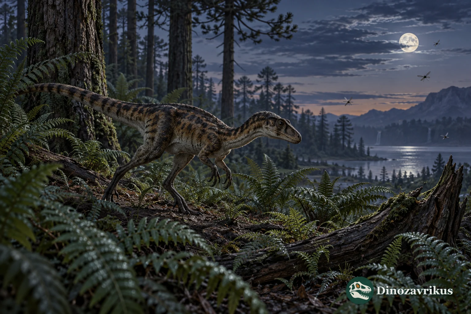 Small Jurassic theropod moving through a fern-rich woodland at dusk