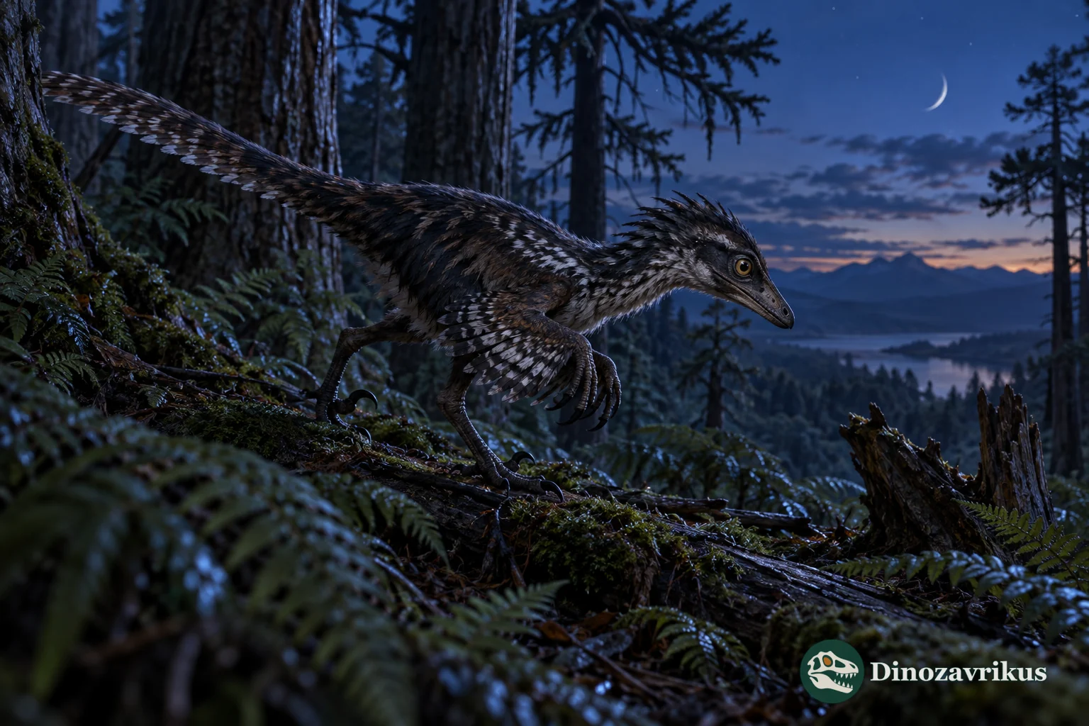 A small feathered theropod moving through a forest at blue hour