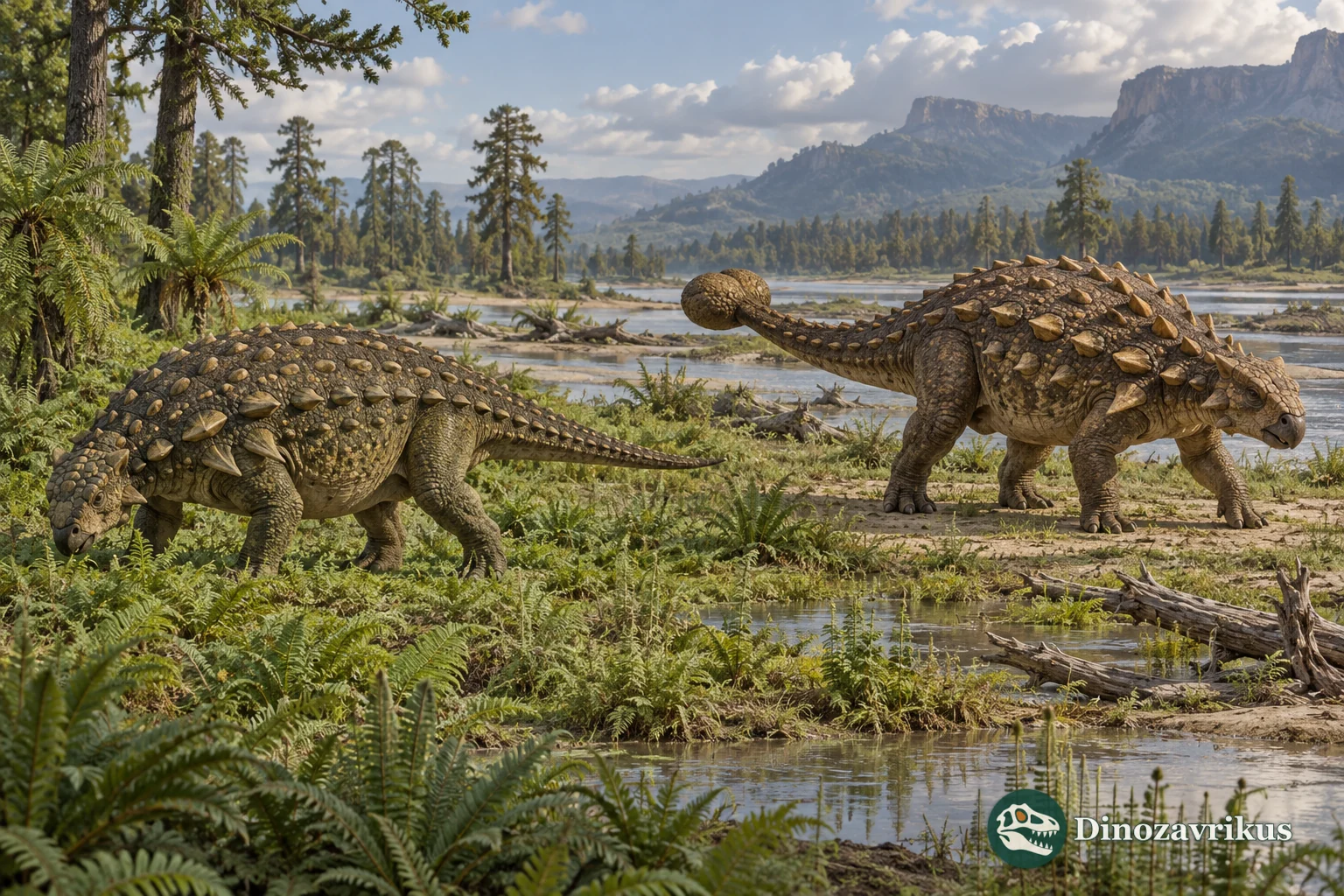 A nodosaurid without a tail club and an ankylosaurid with a tail club crossing a Cretaceous floodplain