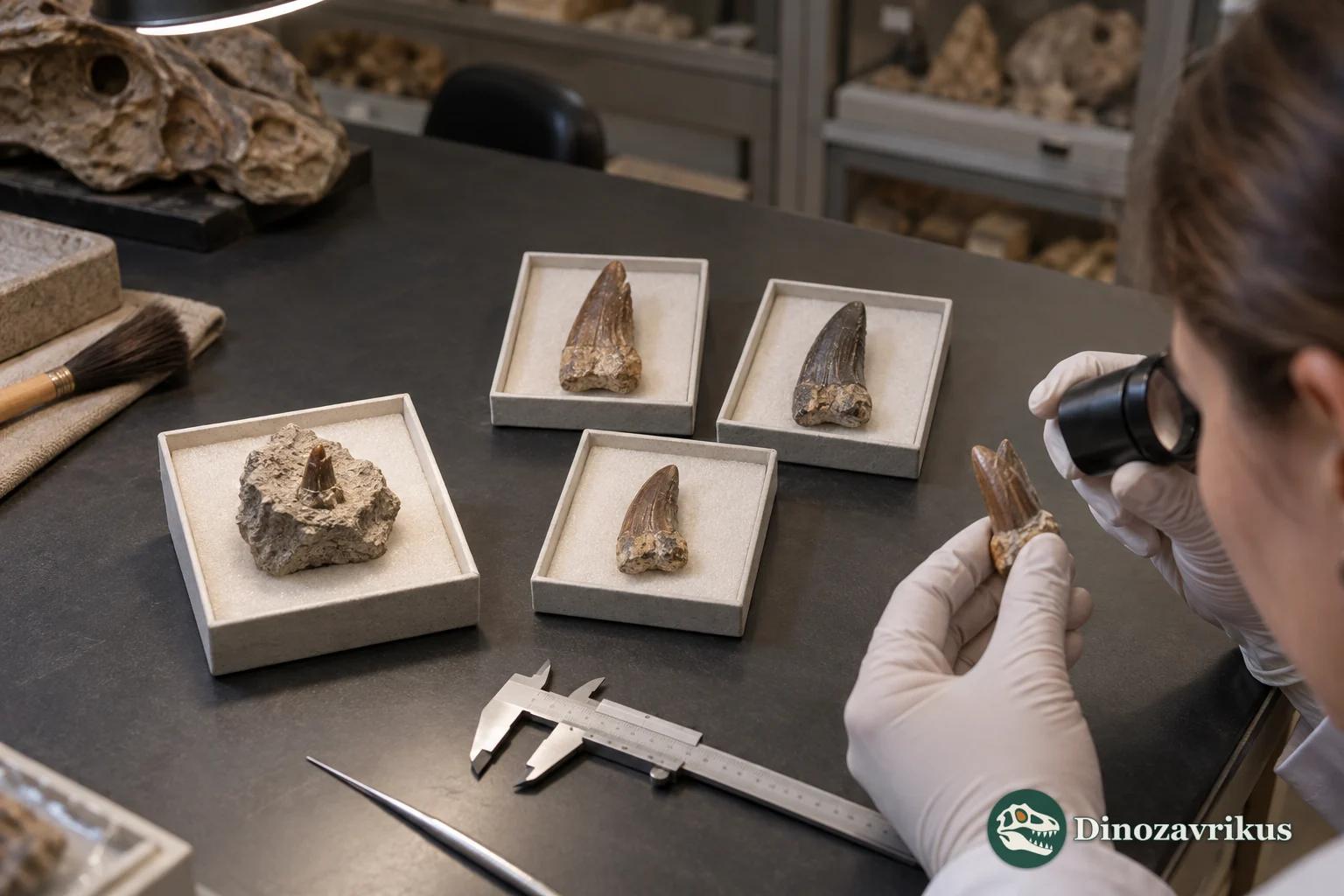 A palaeontologist comparing an incomplete type fossil with more complete museum specimens