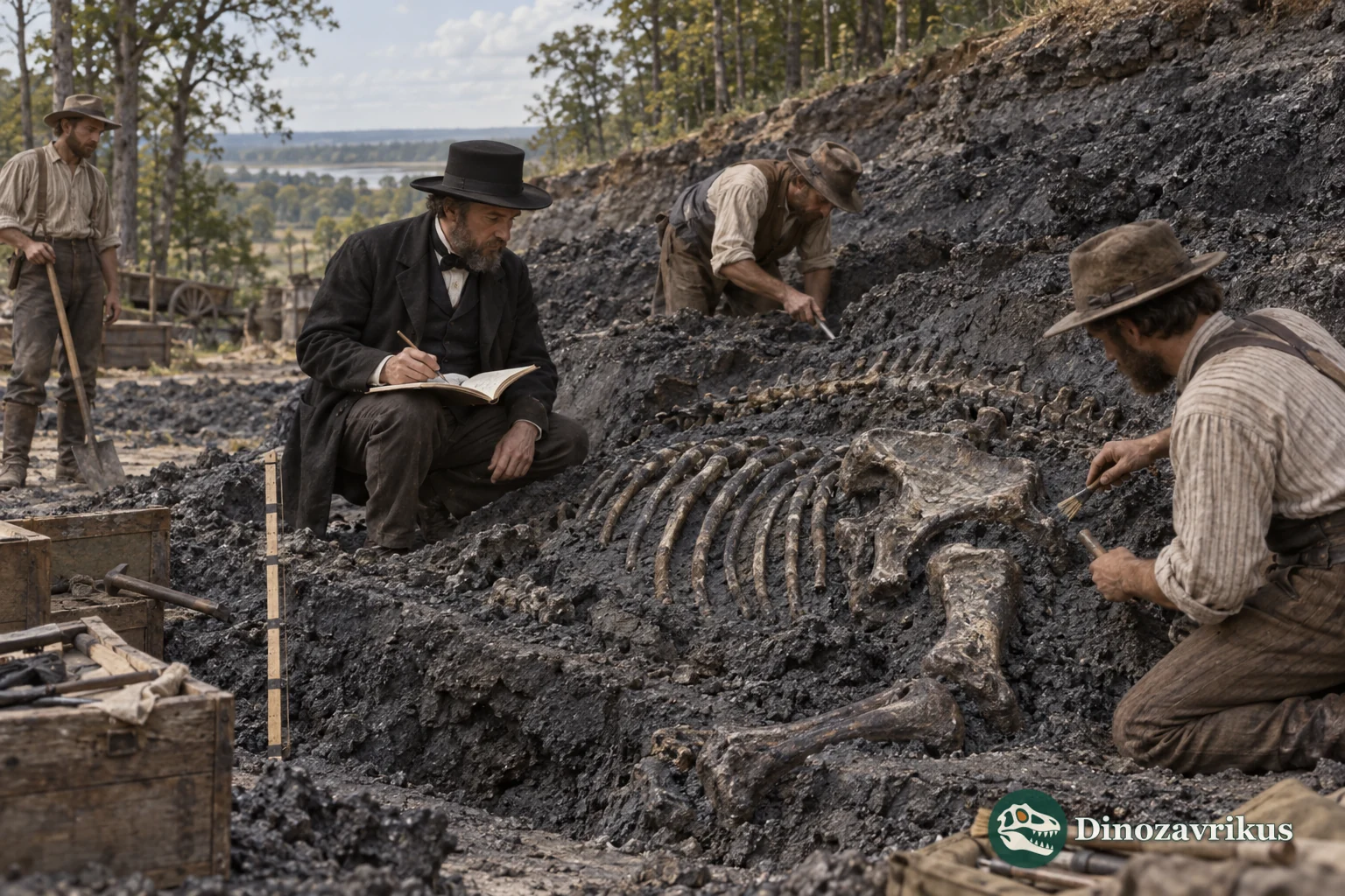 Nineteenth-century researchers recording a partial dinosaur skeleton in a New Jersey marl pit