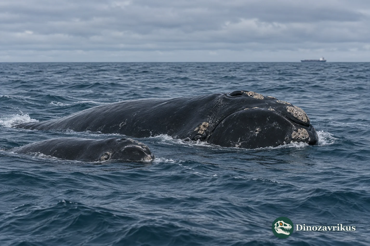 North Atlantic right whale and calf surfacing in shared ocean waters