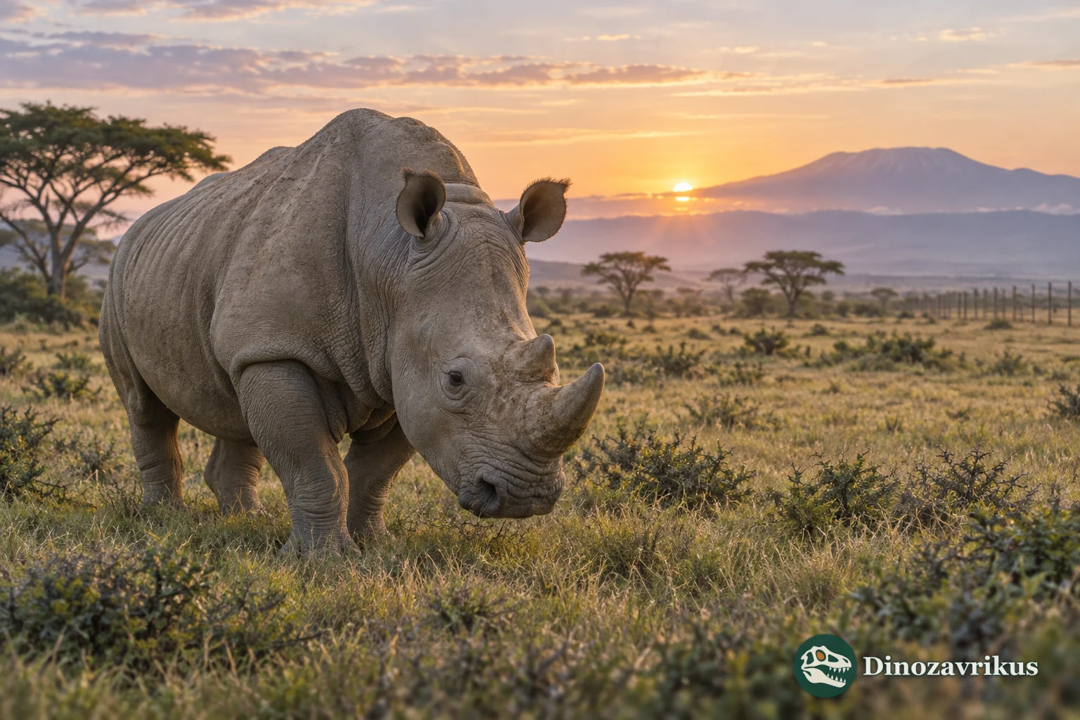 Two northern white rhinoceroses standing in dry African grassland