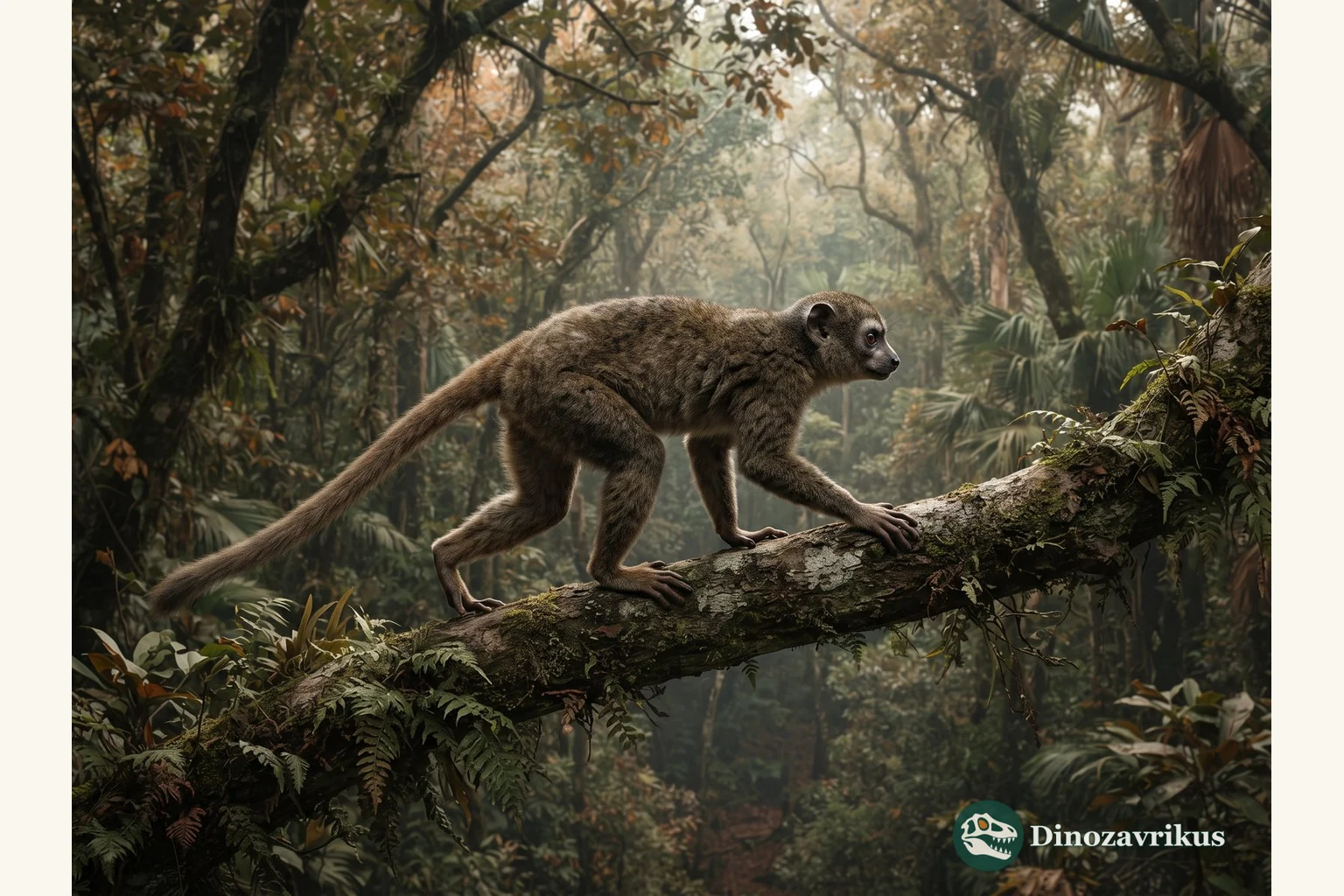 Notharctus balancing on a branch in an Eocene forest