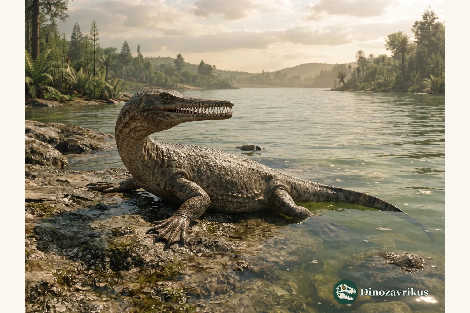 Nothosaurus reconstructed at the edge of a Triassic lagoon