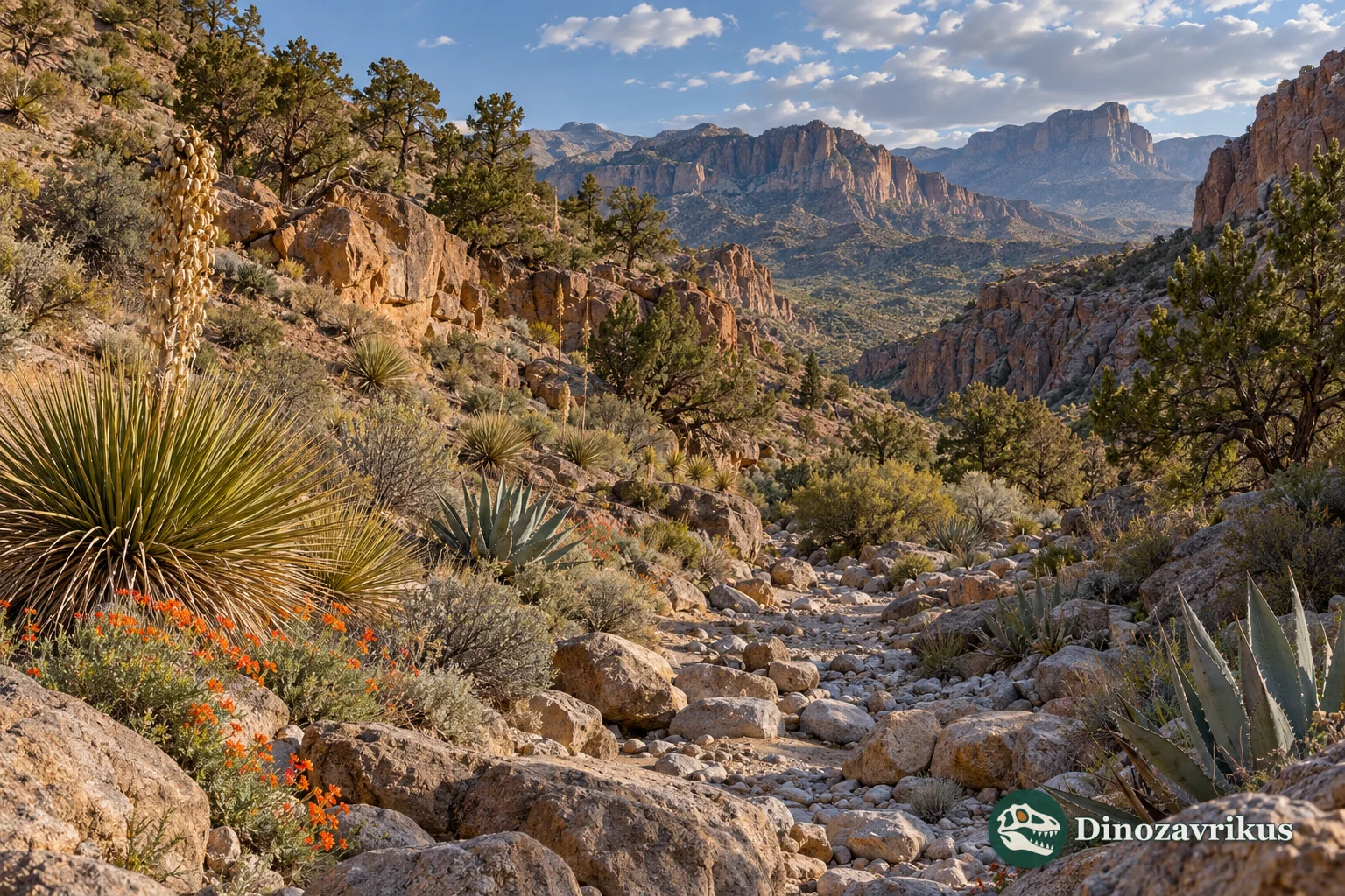 Imagined arid canyon with yucca and juniper