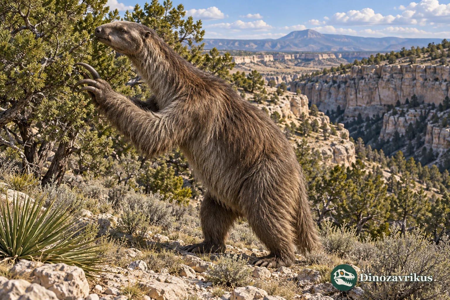 Artistic reconstruction of a Shasta ground sloth browsing beside a canyon