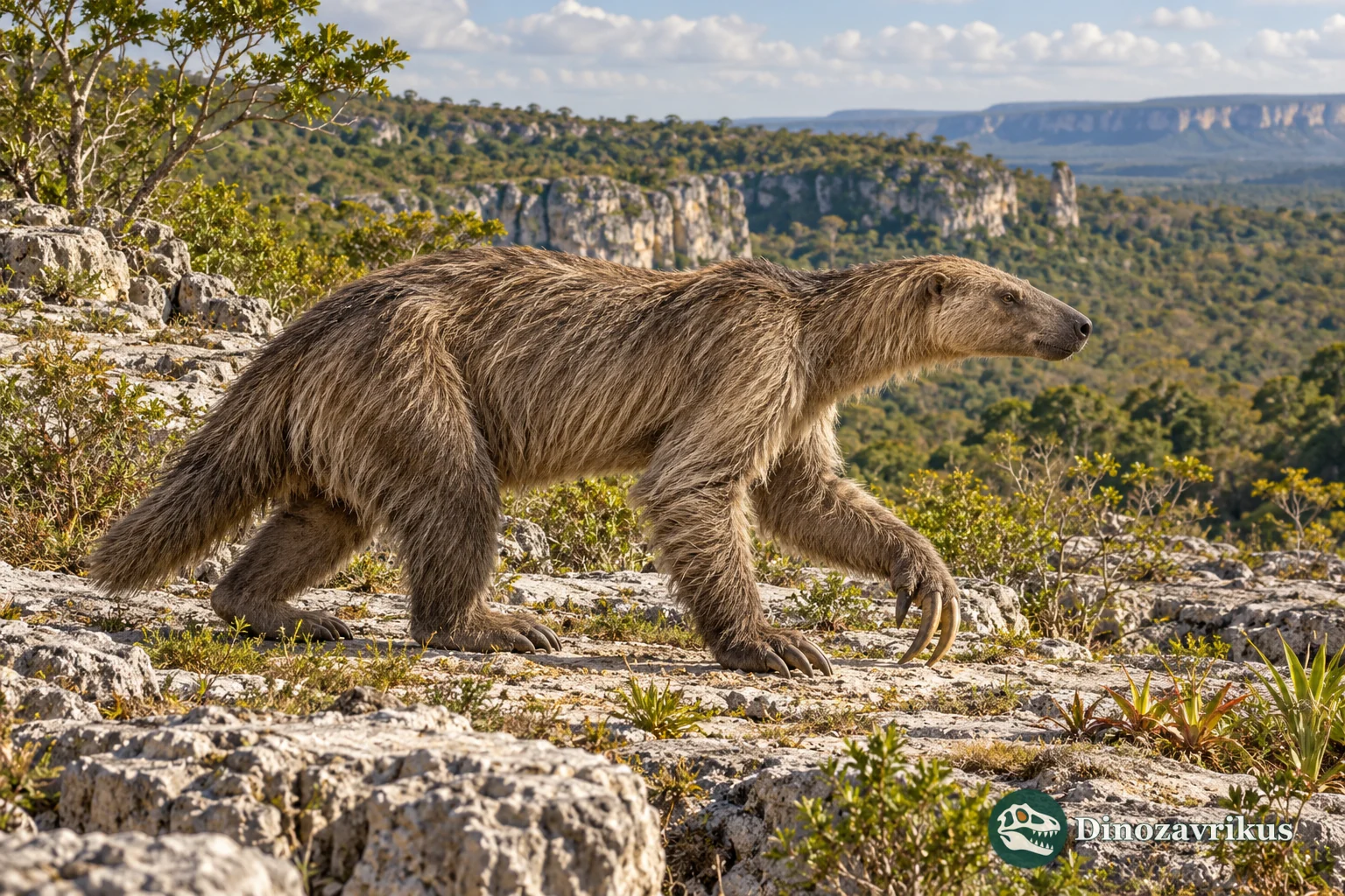 Artistic reconstruction of Nothrotherium on a Pleistocene Brazilian limestone plateau