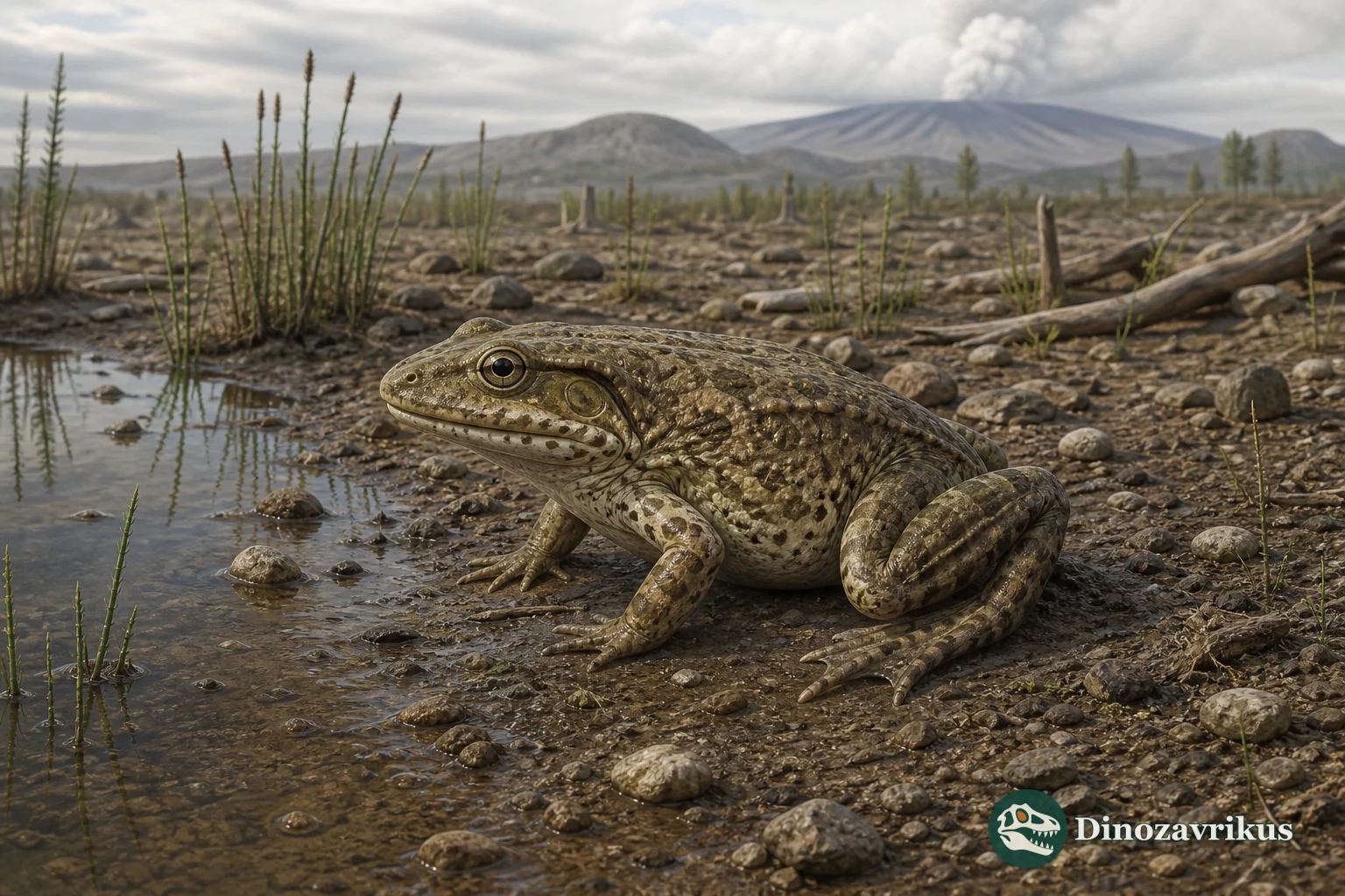 Notobatrachus degiustoi adults and a large tadpole in a Jurassic Patagonian floodplain pool