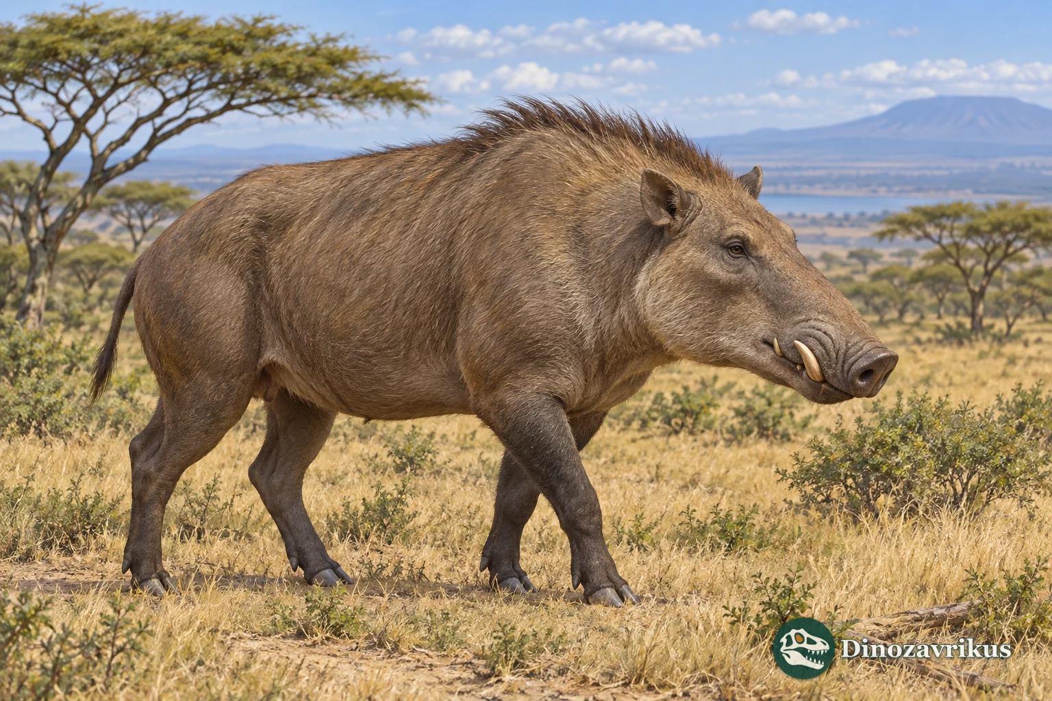 Artistic reconstruction of a large Notochoerus-like African suid in open grassland