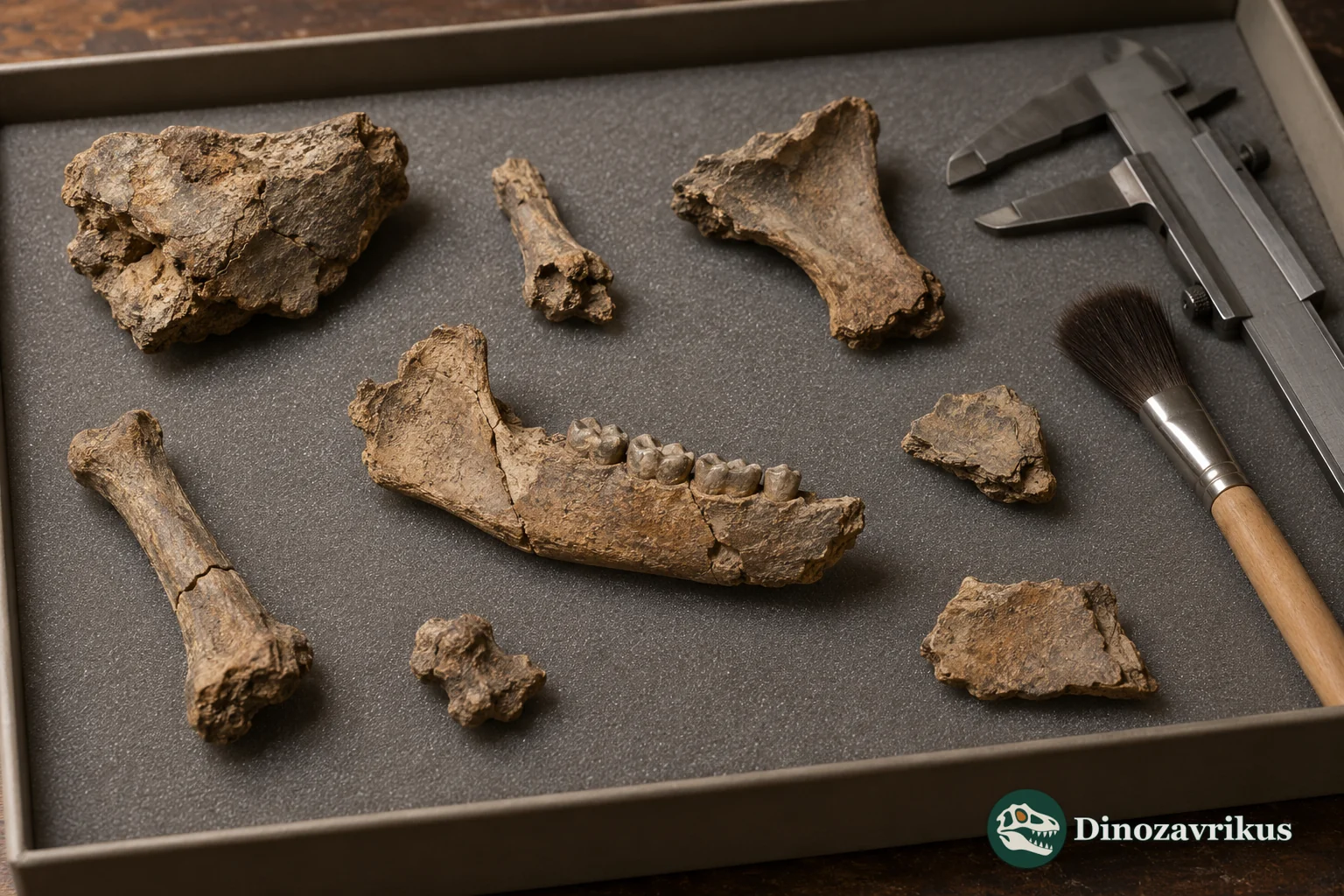 Conceptual tray of fossil fragments and a jaw from a small Eocene notoungulate
