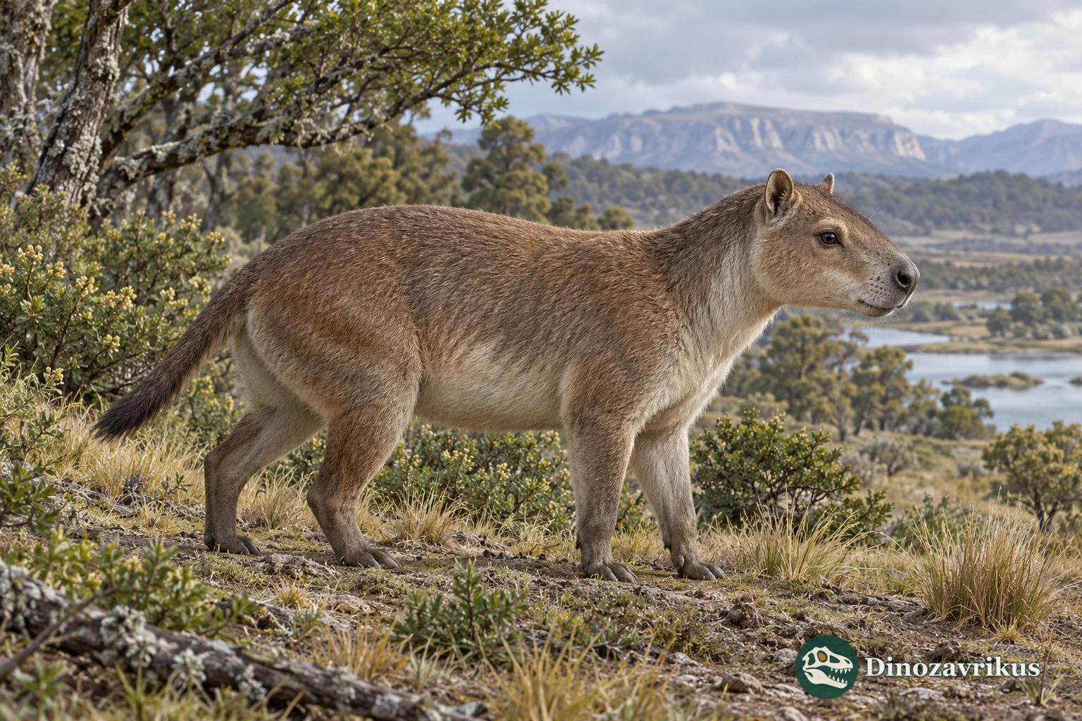Artistic reconstruction of a small Eocene South American notoungulate in a Patagonian landscape