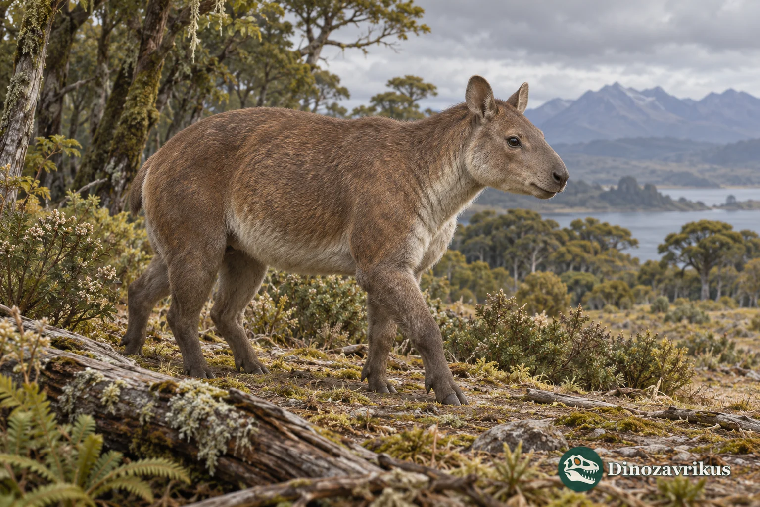 Artistic reconstruction of Notostylops murinus in a temperate Patagonian woodland edge