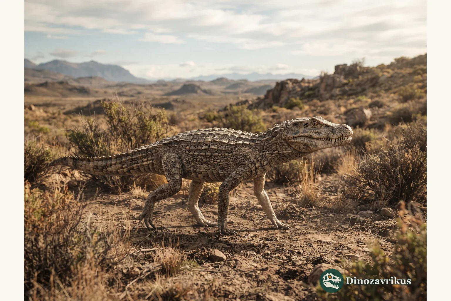 Notosuchus reconstructed walking across a dry Late Cretaceous Patagonian plain