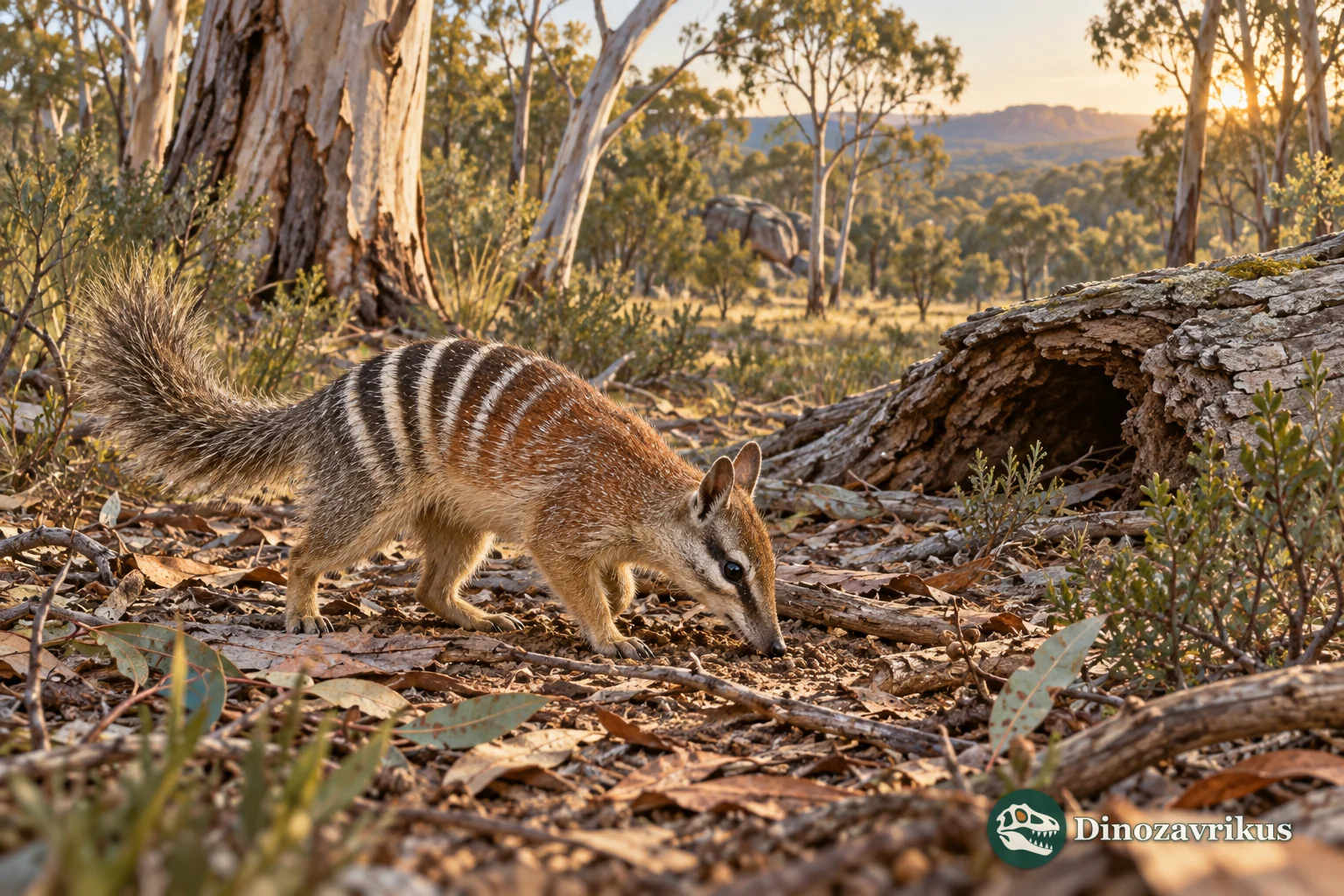 Striped numbat searching for termites on the floor of an Australian eucalyptus woodland
