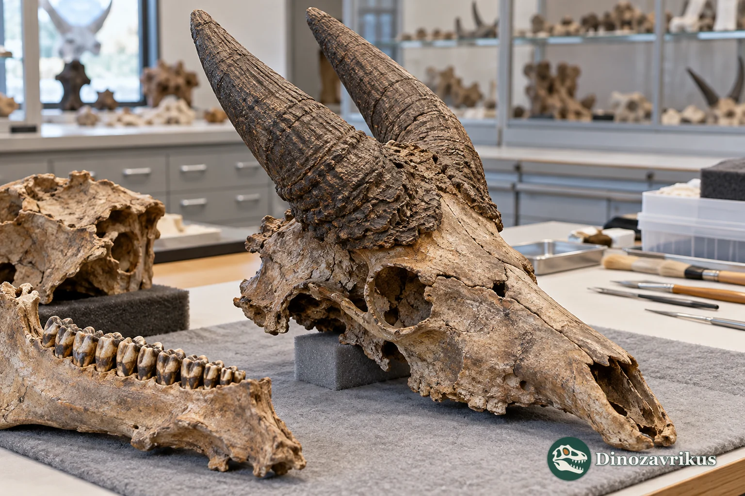 Illustrative fossil alcelaphine skull and teeth