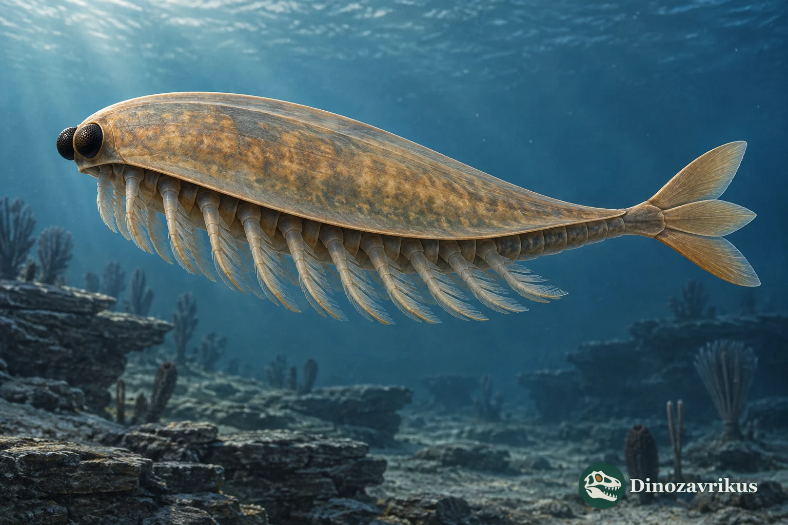 Odaraia alata swimming above the Burgess Shale seabed beneath its elongated bivalved carapace