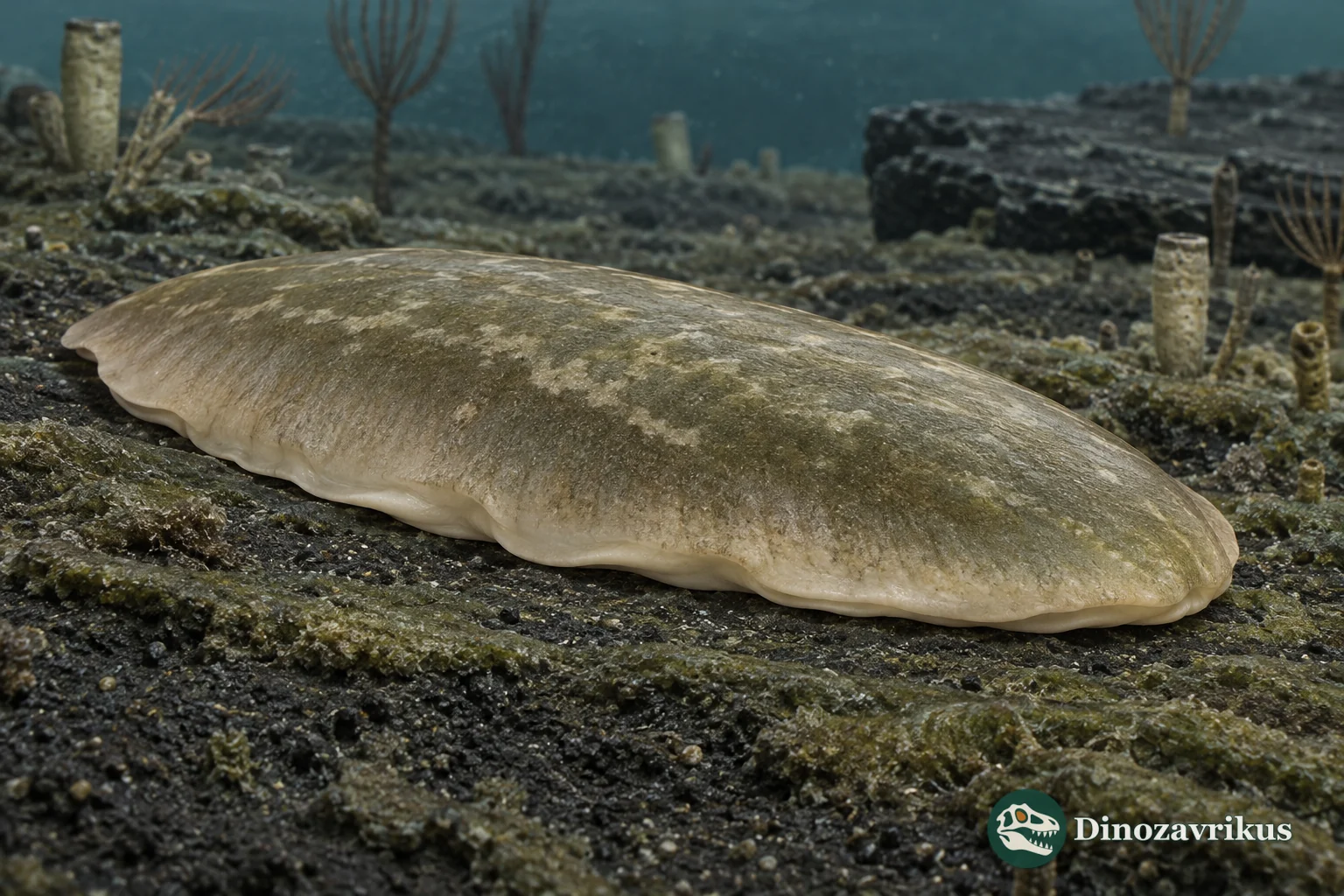 Flattened unarmoured Odontogriphus crawling over a Cambrian microbial mat