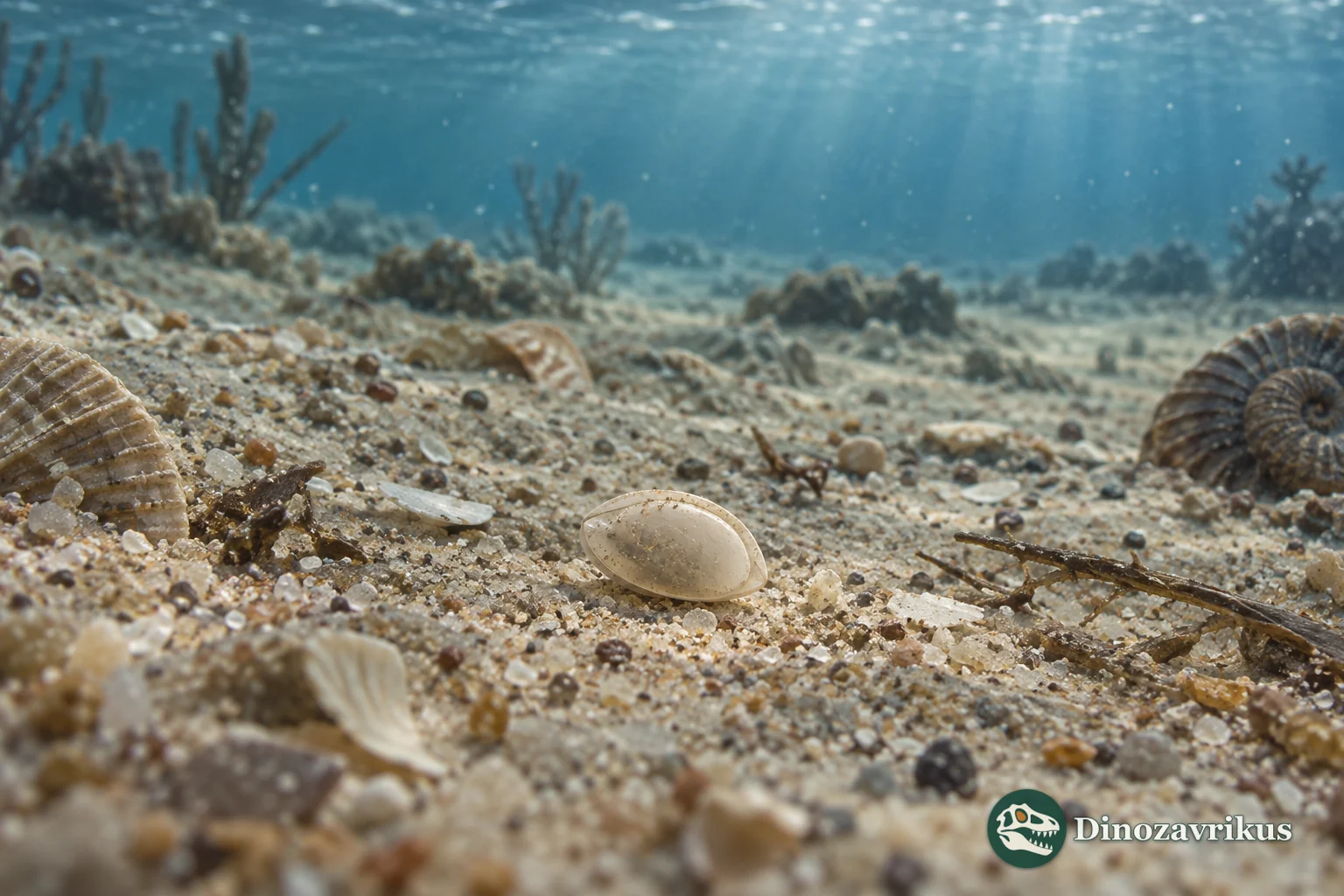 Magnified Ogmoconchella ostracod carapace on a shallow marine seabed