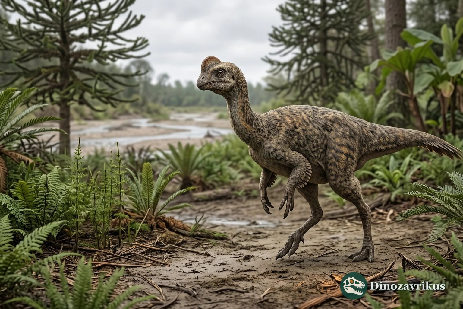 Feathered reconstruction of Oksoko in the Nemegt floodplain