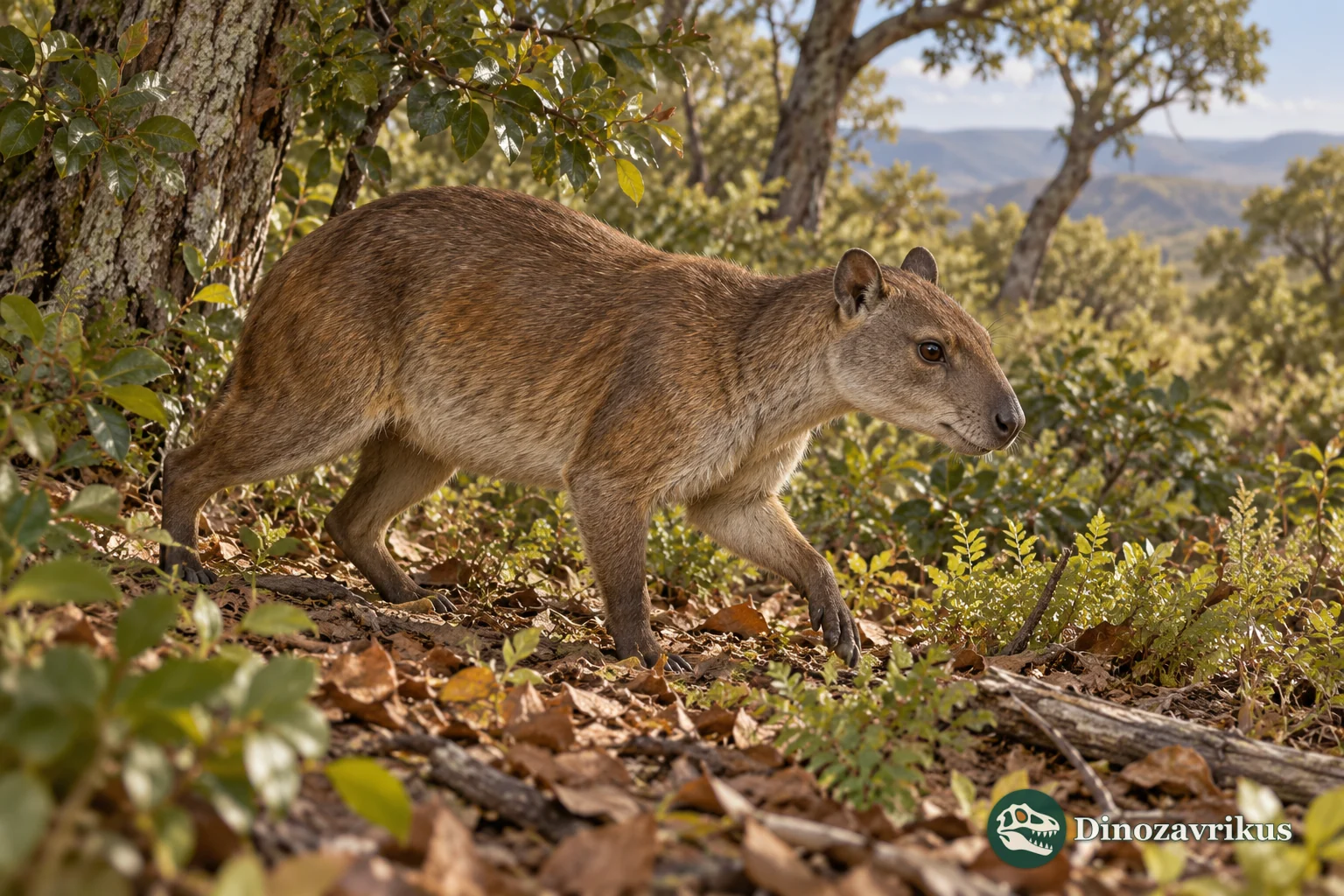 Artistic reconstruction of a small early notoungulate in an Eocene Patagonian woodland