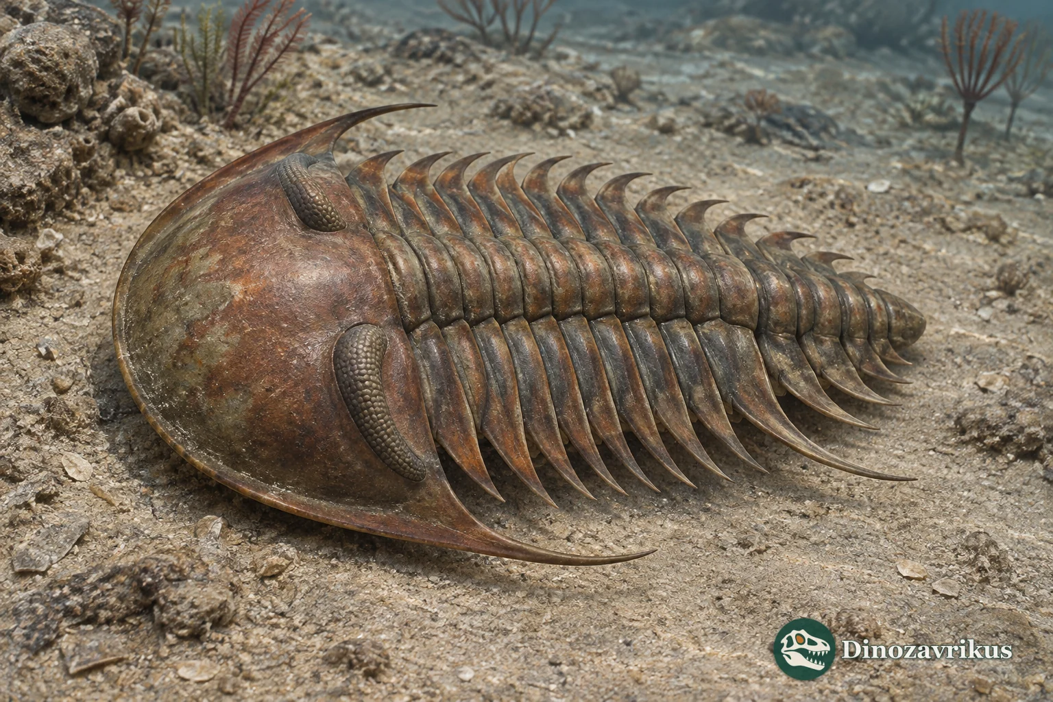 Olenellus thompsoni with a broad semicircular head shield, curved eye ridges, long thoracic spines and tiny tail shield