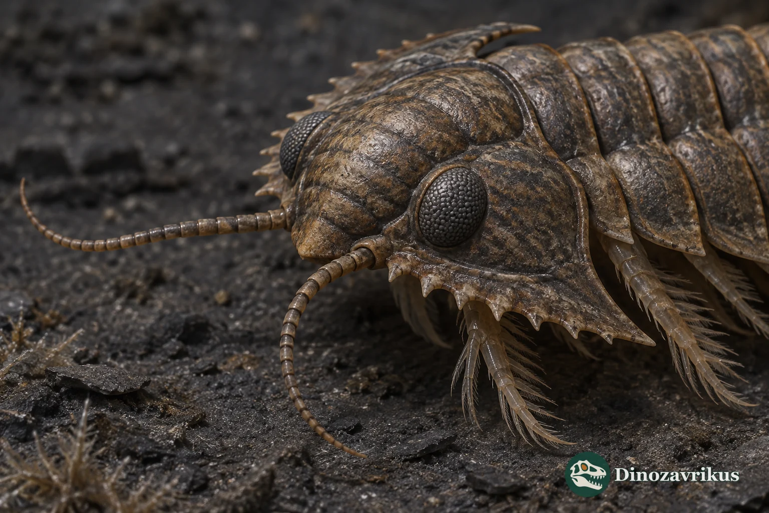 Close view of an Olenoides trilobite head shield, antennae and first walking limbs, with the rest of the body continuing beyond the frame
