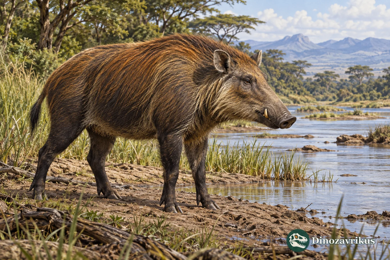 Artistic reconstruction of a Kolpochoerus-like African fossil pig beside a river
