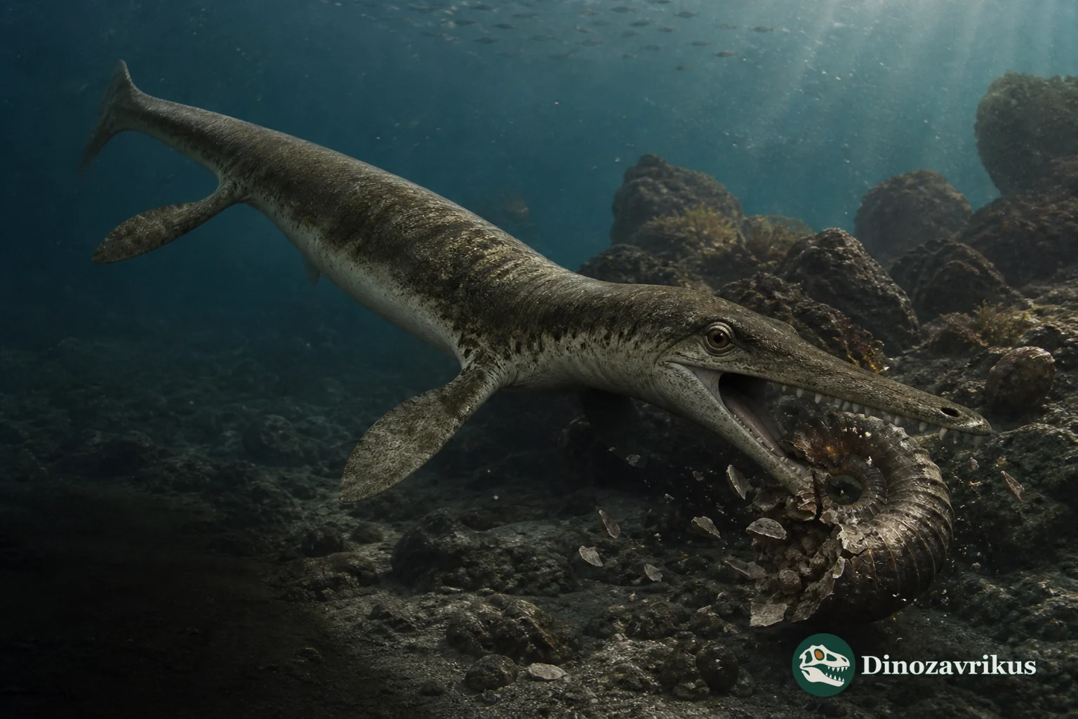 Omphalosaurus using its rounded tooth batteries to crush a shelled animal