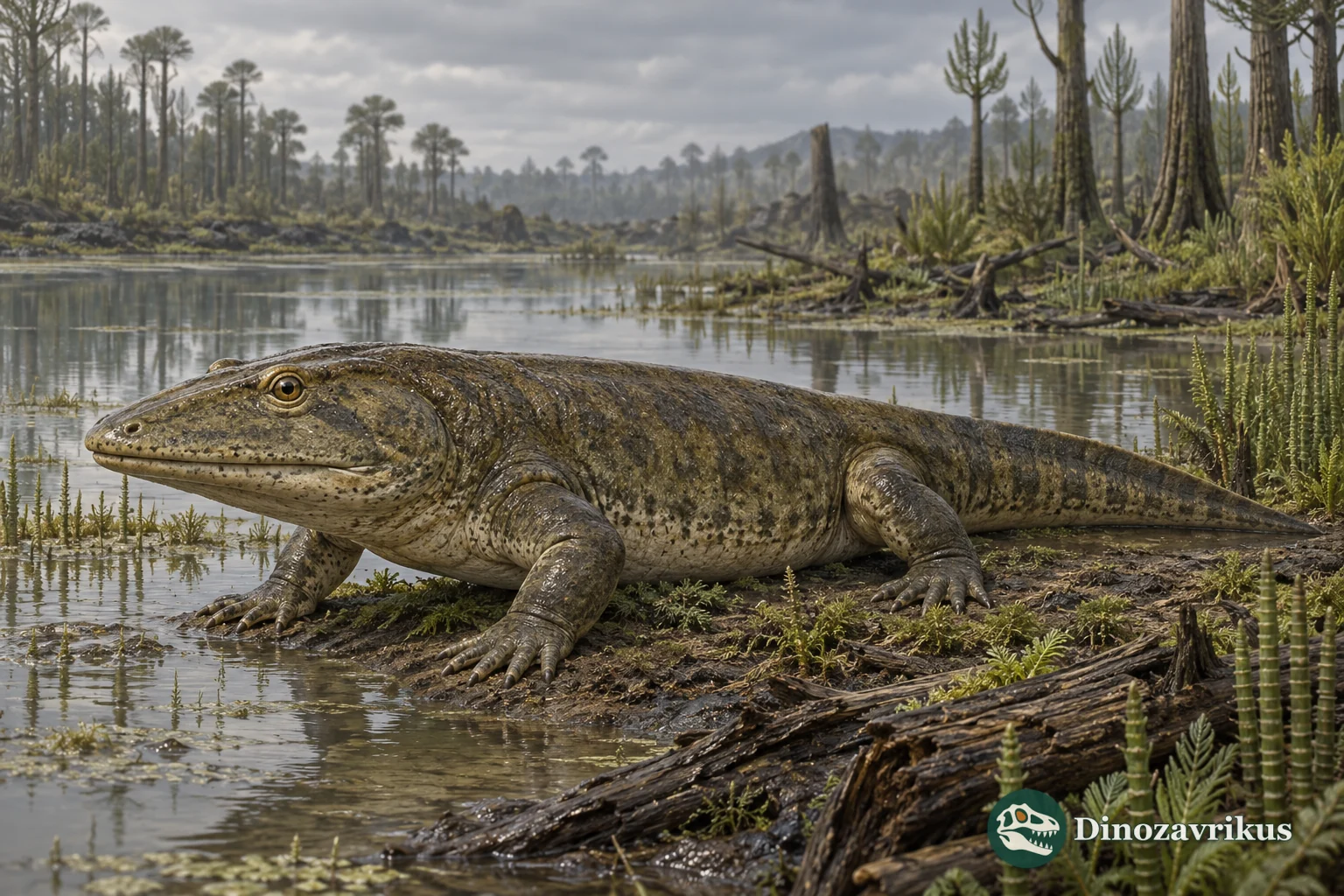 Onchiodon reconstructed beside a Carboniferous-Permian freshwater margin