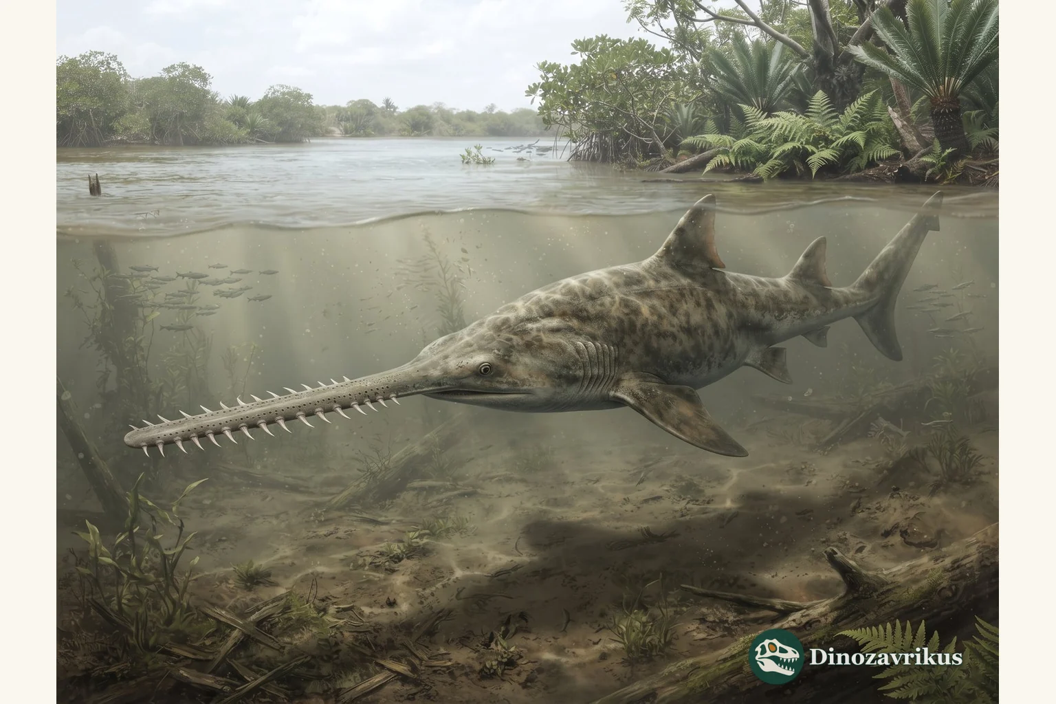 Reconstruction of Onchopristis swimming in a Cretaceous river and delta