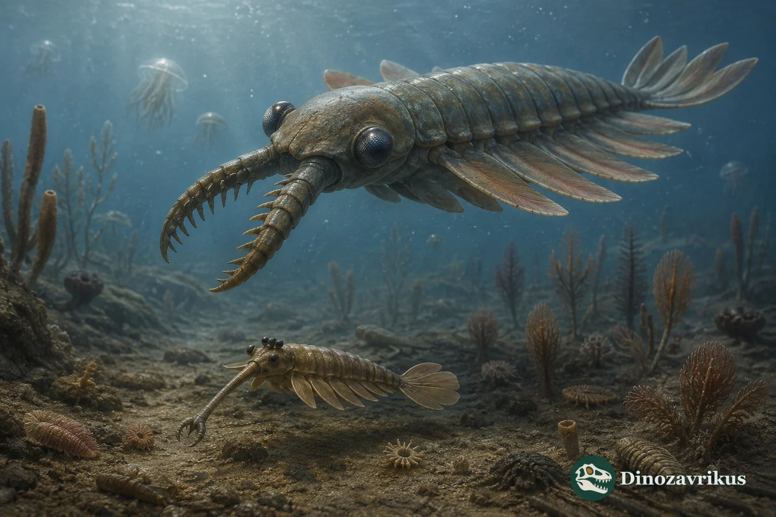 Illustrative comparison of a small Opabinia and a larger Anomalocaris in the Cambrian sea