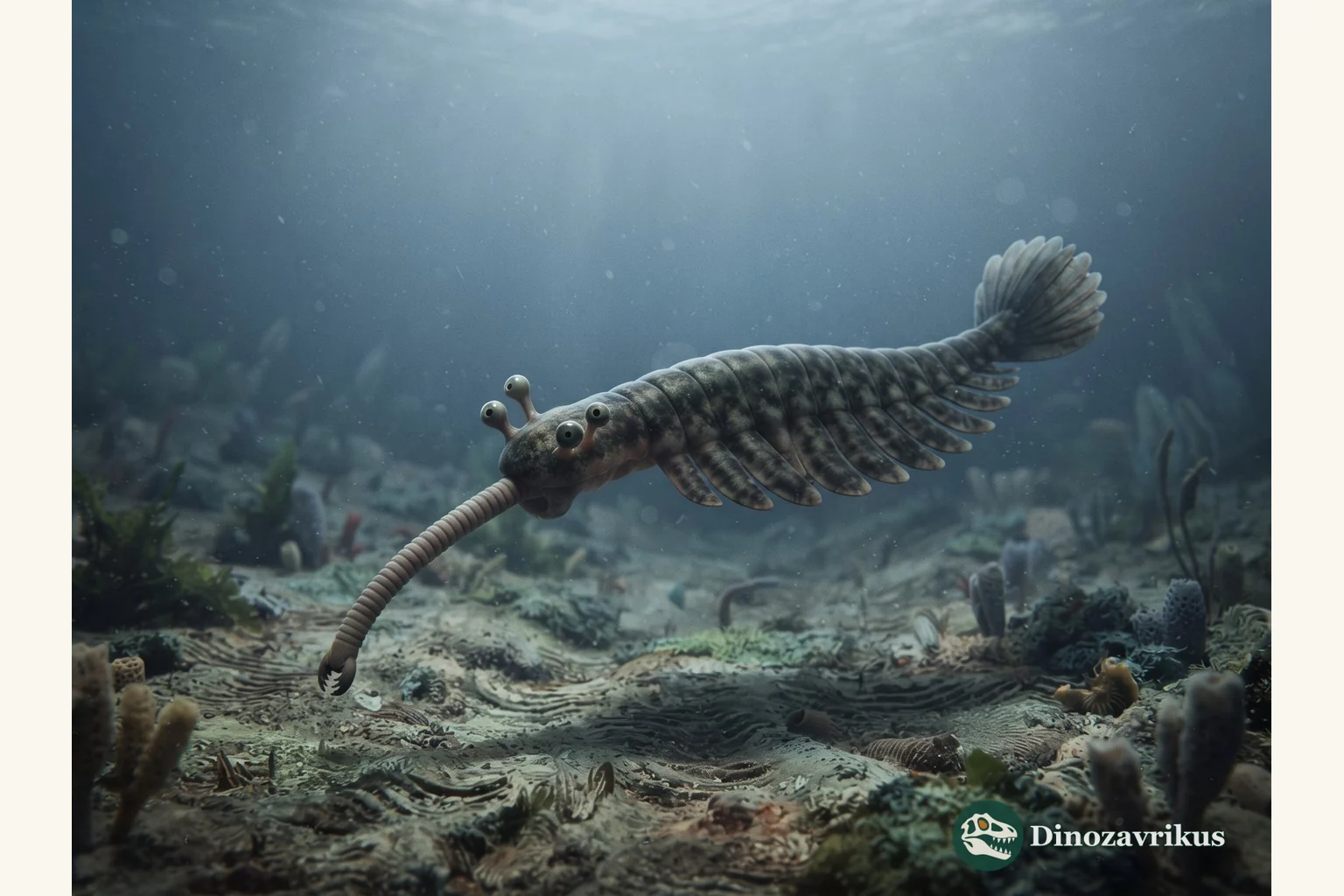 Opabinia regalis swimming over the Cambrian sea floor with its long proboscis extended