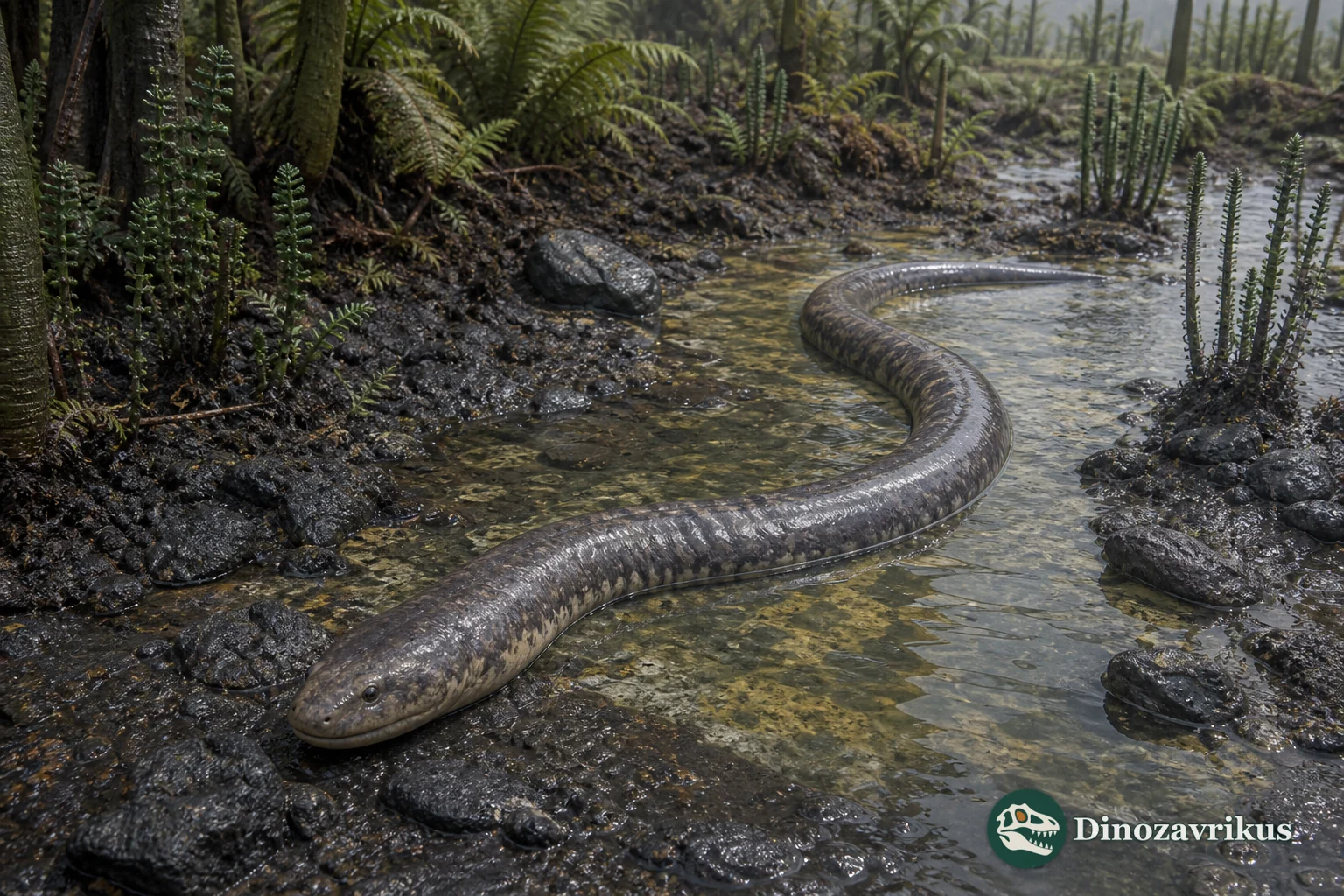 Ophiderpeton moving through a Carboniferous Scottish wetland, with its exact body outline kept cautious