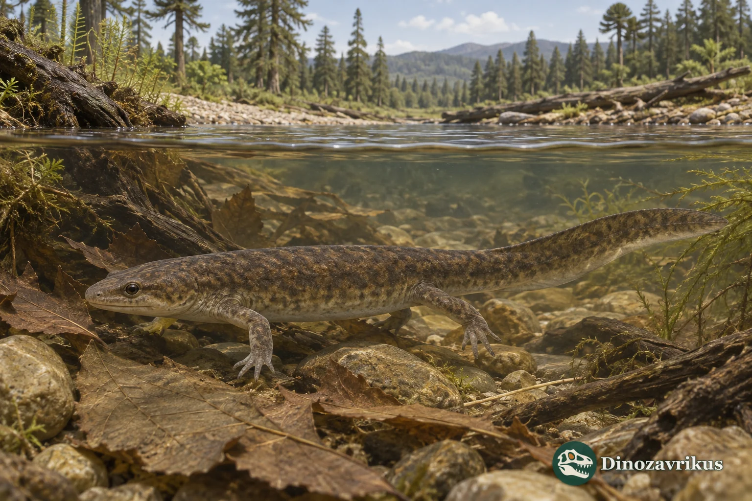 Opisthotriton kayi salamander in a Late Cretaceous western North American stream