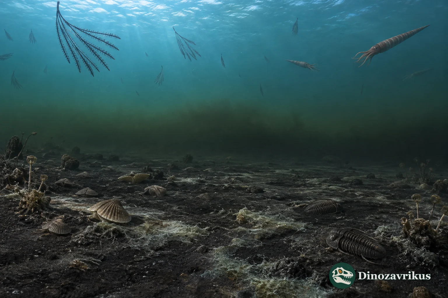 Late Ordovician sea with oxygenated surface water above a dark oxygen-poor bottom layer