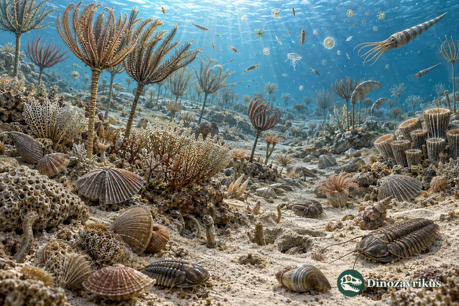 Diverse Darriwilian seafloor with tiered brachiopods, bryozoans, crinoids and trilobites