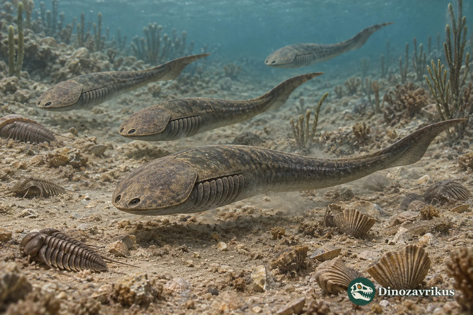 Small armoured Ordovician jawless vertebrates swimming close to a sandy seafloor