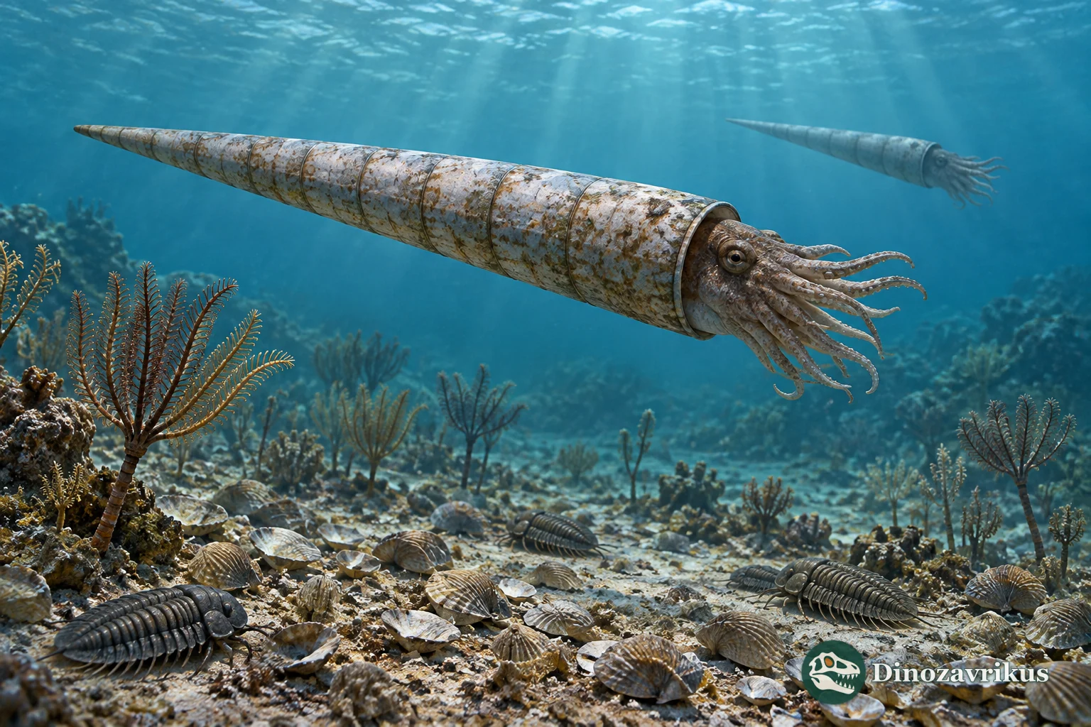 Ordovician sea with straight-shelled nautiloids, trilobites, brachiopods and crinoids