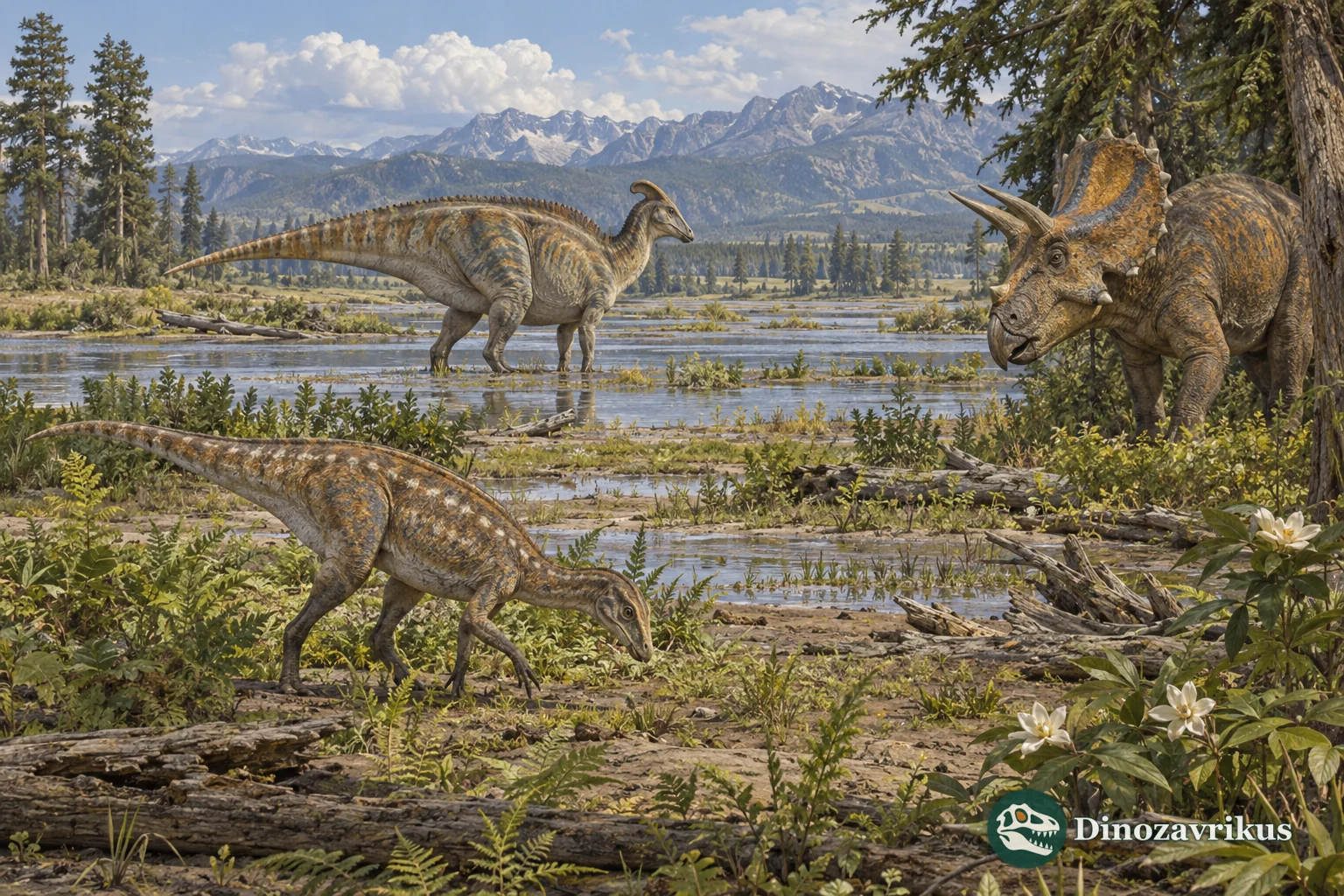 Naturalistic illustration showing a small ornithischian, a hadrosaur and a ceratopsian in a Late Cretaceous floodplain
