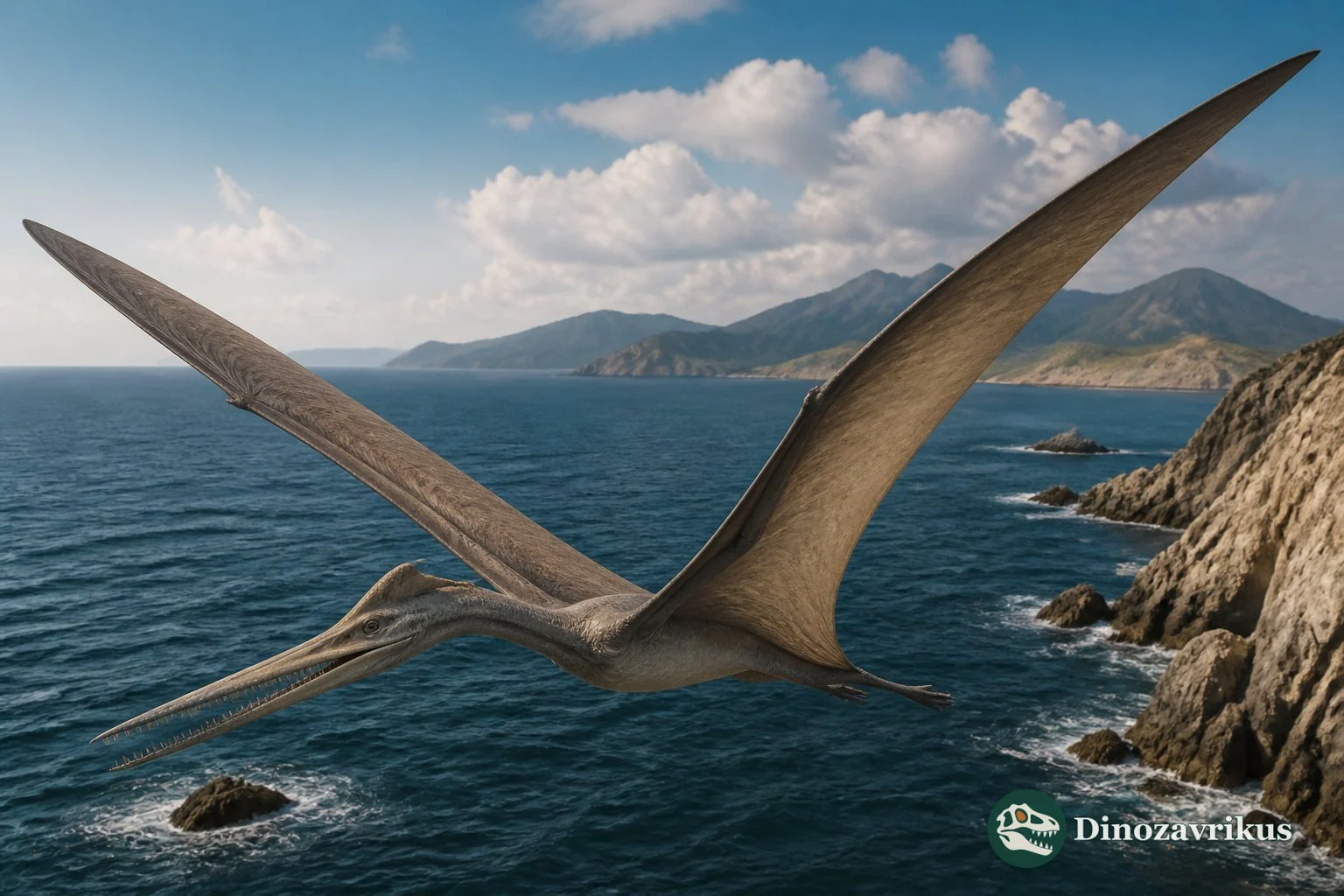 Toothed Ornithocheirus reconstructed flying above a Cretaceous coast