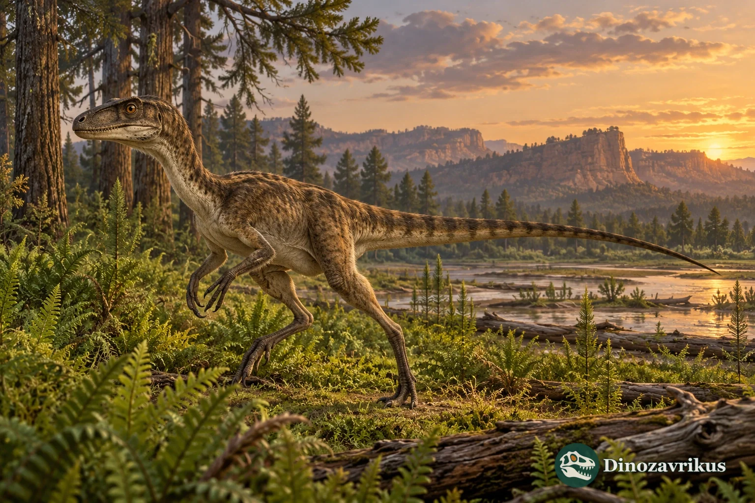 Ornitholestes moving across a Late Jurassic Morrison floodplain