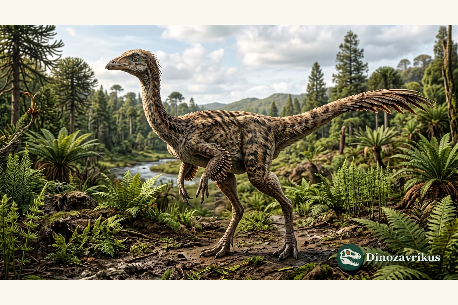 Illustrative reconstruction of an ostrich-mimic dinosaur in a Cretaceous landscape