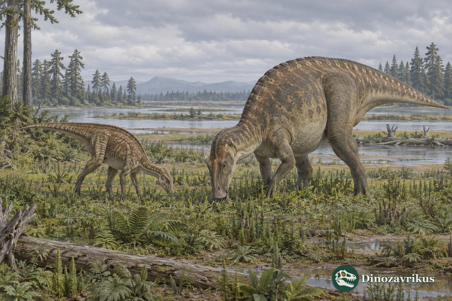 Illustrative comparison of a lightly built early ornithopod and a duck-billed hadrosaurid grazing in a floodplain landscape