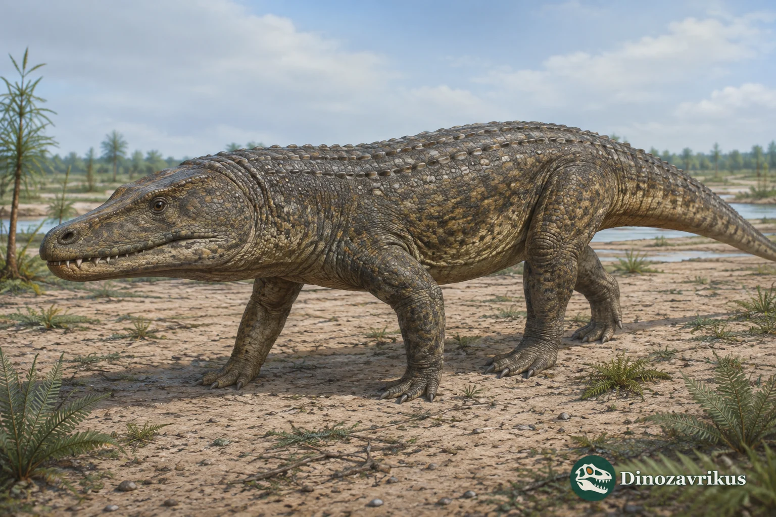 Ornithosuchus reconstructed as a quadruped on a Late Triassic plain in Scotland
