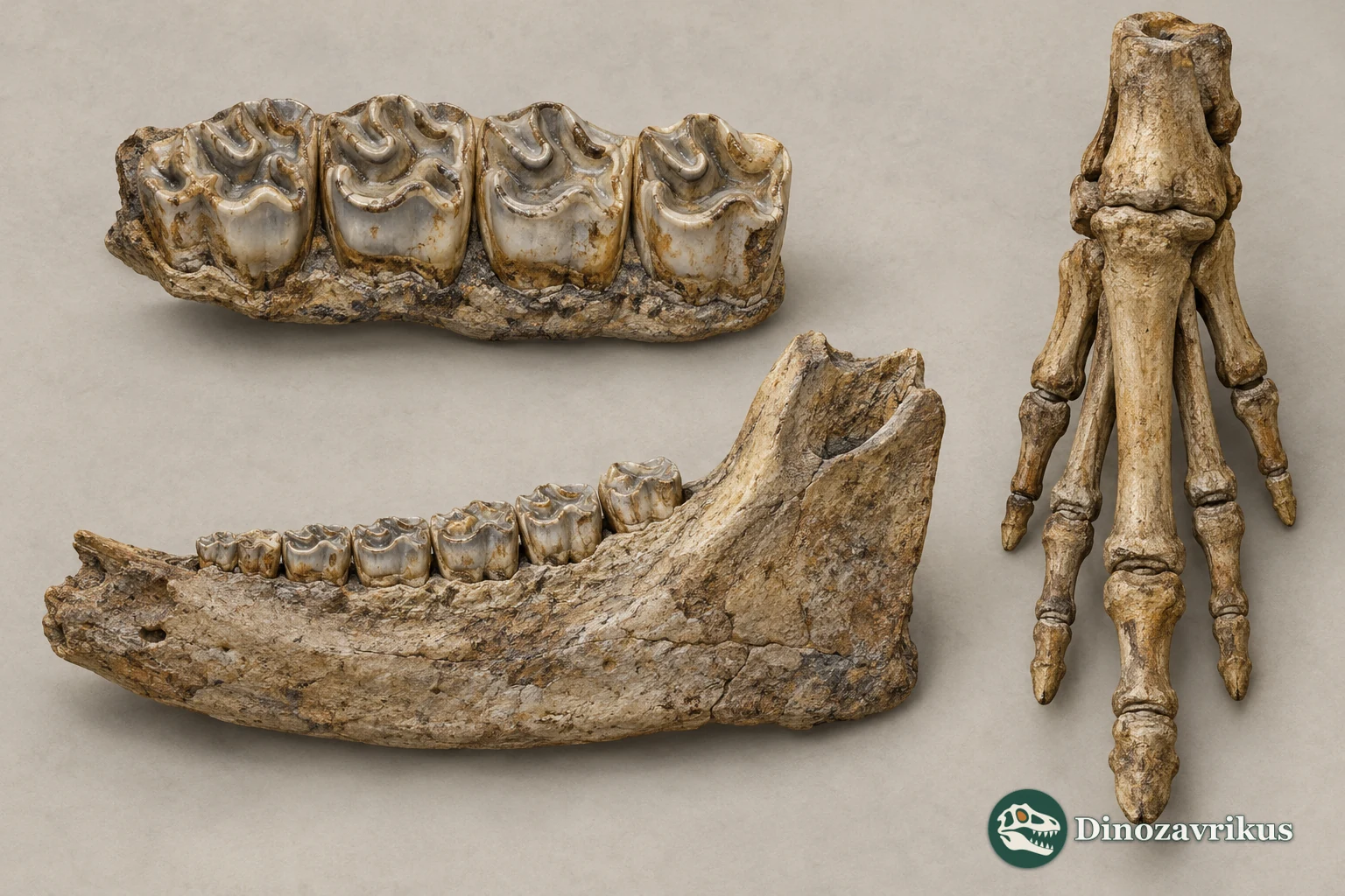 Interpretive display of an early equid jaw, tooth and foot bones