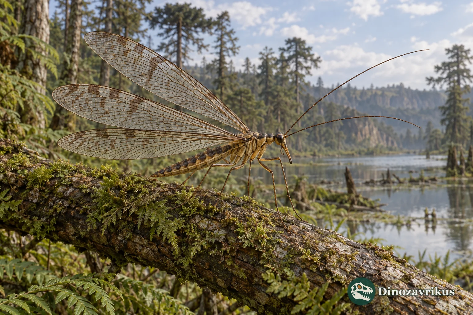 Jurassic scorpionfly with four narrow, densely veined wings on a woodland branch