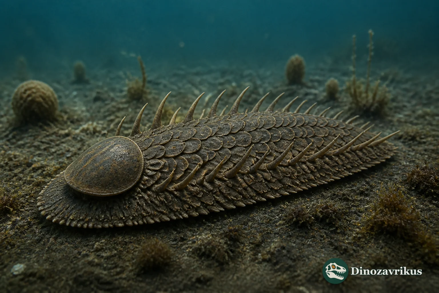 Orthrozanclus reconstructed with a cap-shaped shell, overlapping sclerites and long paired spines along a flattened body