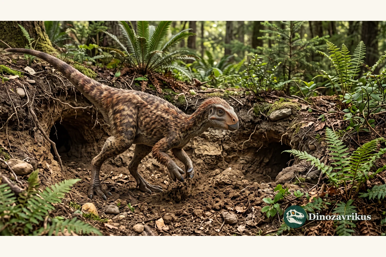 Scientific reconstruction of Oryctodromeus near a burrow in a Cretaceous floodplain environment